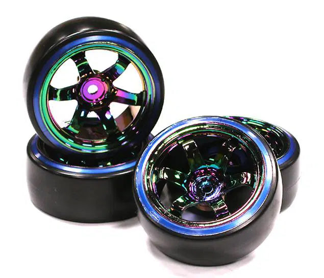 Rainbow Color 6 Spoke Wheel w/ Outer Ring + Drift Tire (4) Set (O.D.=62mm) #C23626