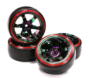 Rainbow Color 6 Spoke Wheel w/ Outer Ring + Drift Tire (4) Set (O.D.=62mm) #C23626