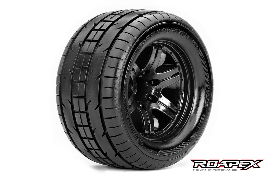 TRIGGER 1/10 MONSTER TRUCK TIRE BLACK WHEEL WITH 1/2 OFFSET 12MM HEX MOUNTED