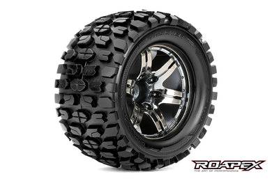 ROAPEX TRACKER 1/10 MONSTER TRUCK TIRE CHROME BLACK WHEEL WITH 1/2 OFFSET 12MM HEX MOUNTED