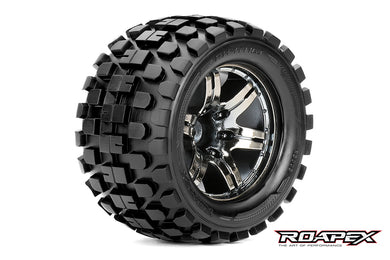 RHYTHM 1/10 MONSTER TRUCK TIRECHROME BLACK WHEEL WITH 1/2 OFFSET 12MM HEX MOUNTED #R3003-CB2