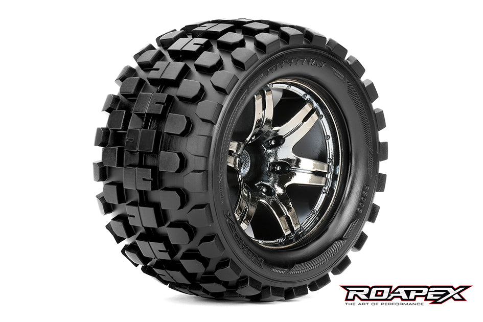 RHYTHM 1/10 MONSTER TRUCK TIRECHROME BLACK WHEEL WITH 1/2 OFFSET 12MM HEX MOUNTED #R3003-CB2
