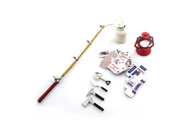 1/10 RC CRAWLER CAMPING ACCESSORY COMBO W/ OIL LAMP, FISHING ROD, POKER CARD, MILK CAN, TOOLS SET #YA-0364