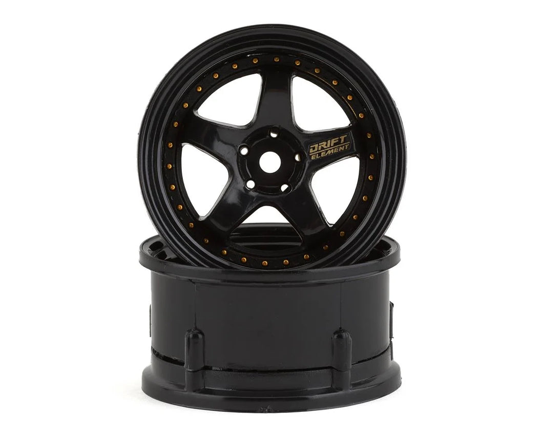 DS Racing Drift Element 5 Spoke Drift Wheels (Triple Black w/Gold Rivets) (2) (Adjustable Offset) w/12mm Hex #DSC-DE-007